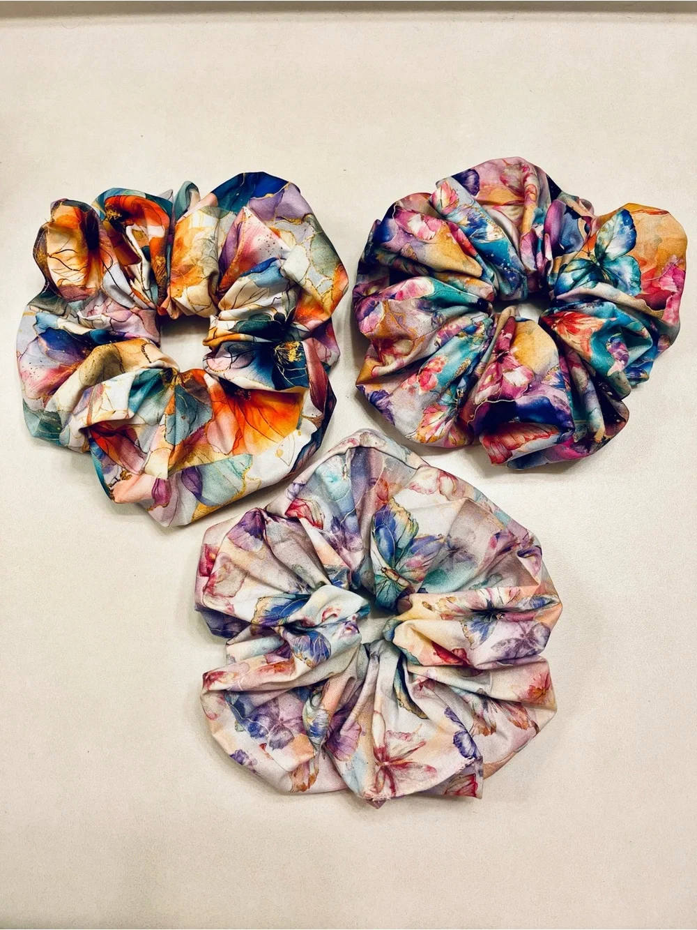 Handmade Watercolor  butterfly floral pink orange blue teal purple scrunchies